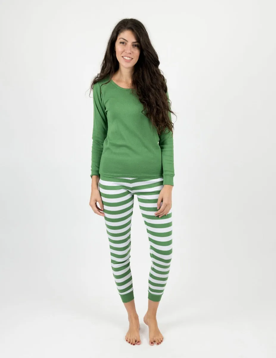 Women's Green & White Stripes Cotton Pajamas