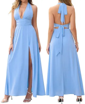 XinFSh Women's Summer Halter Deep V Neck Flowy Long Dress Sexy Backless High Slit Maxi Dresses Beach Vacation Party Cocktail Dress Blue