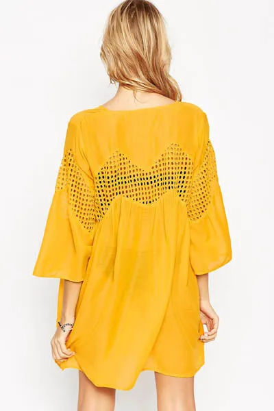 Yellow V Neck Crochet Hollow-out Button Front Smock Dress